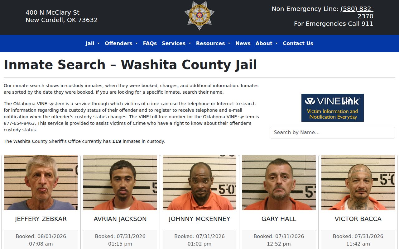 Washita County released inmate search current-custody page