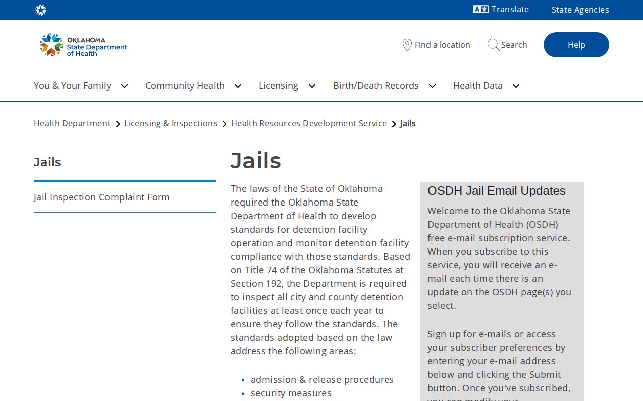 Oklahoma oversight information for Washita County Jail release procedures