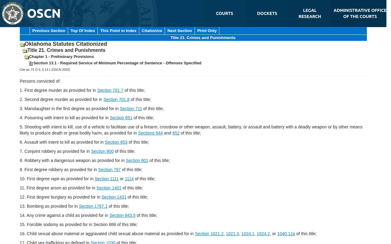 Oklahoma 85 percent statute affecting a Washita County projected release date